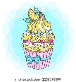 Cupcake with orange slice on a blue background. Decorated with cream, caramel, mint leaves. Festive dessert, baking. For the design of prints, posters, cards, banners and so on. Vector illustration