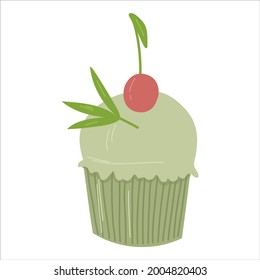 Cupcake with organic matcha tea flavor. Vector hand drawn cartoon