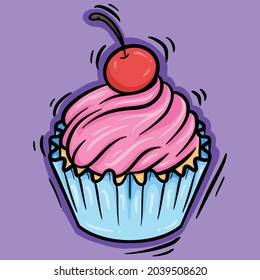 cupcake outline cartoon vector illustration with cherry