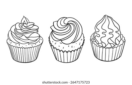 Coleção de tópicos de cupcake. Ilustração de comida de doodle preto em estilo de linha. Muffins em estilo line-art, clip-art vetor para férias
