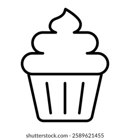 Cupcake outline icon, a classic cupcake with twirl frosting. Ideal for projects related to bakeries, cafes, or party supplies.