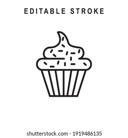 Cupcake Outline Icon. Cupcake Line Art Logo. Vector Illustration. Isolated on White Background. Editable Stroke