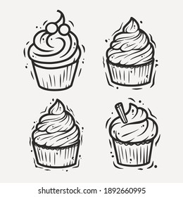 Cupcake Outline Illustration, Cream Cake Muffin Birthday Dessert
