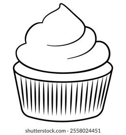 Cupcake Outline Illustration. Simple black-and-white vector outline of a cupcake with frosting.