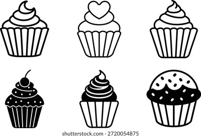 Cupcake Outline and Silhouette Icon Set with Frosting Toppings