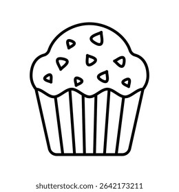 Cupcake Outline style, a rich chocolate chip cupcake in a paper cup, ideal for birthday, dessert menus, or bakery promotional visuals.