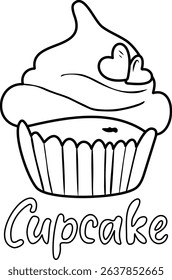 Cupcake outline vector illustration. Muffin sketch, illustration isolated on white background. Cupcake with cream and chocolate hearts and lettering