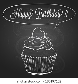 Cupcake Over Chalk Blackboard - Hand Drawn Style Illustration For Birthday Celebration Card Design