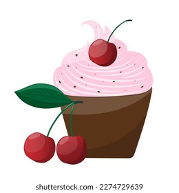 Cupcake with a parcel with chocolate topping and cherries. Delicious dessert, confectionery cake.