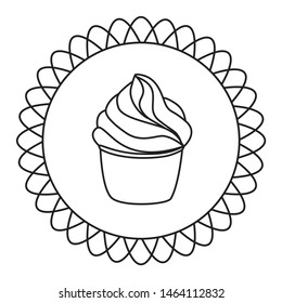 Cupcake pastry icon. Line art style creamy dessert isolated on white background. Bakery design logo in round frame. Sweets shop symbol template. Sticker design. Vector hand drawn Illustration.