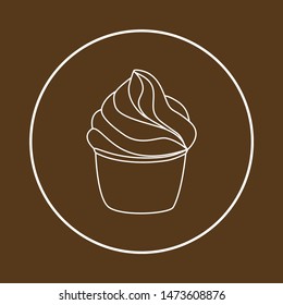 Cupcake pastry icon. Line art style creamy dessert isolated on dark brown background. Bakery design logo in round frame. Sweets shop symbol template. Sticker design. Vector hand drawn Illustration.