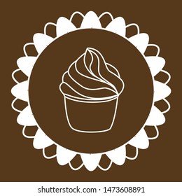 Cupcake pastry icon. Line art style creamy dessert isolated on dark brown background. Bakery design logo in round frame. Sweets shop symbol template. Sticker design. Vector hand drawn Illustration.