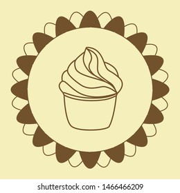 Cupcake pastry isolated icon. Line art style creamy dessert isolated on ligt background. Bakery design logo in round frame. Sweets shop symbol template. Sticker design. Vector hand drawn Illustration.