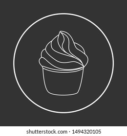 Cupcake pastry isolated icon. Line art style creamy dessert isolated on gray background. Bakery design logo in round frame. Sweets shop symbol template. Sticker design. Vector hand drawn Illustration.