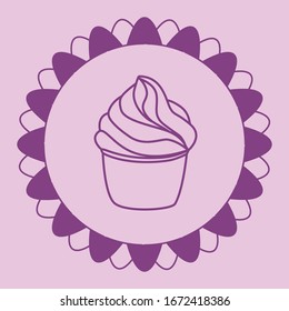 Cupcake pastry isolated icon. Line art style creamy dessert isolated on pink background. Bakery design logo in round frame. Sweets shop symbol template. Sticker design. Vector hand drawn Illustration