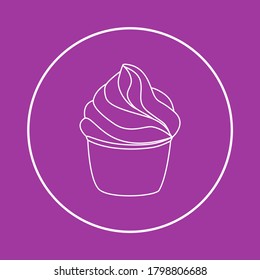 Cupcake pastry isolated icon. Line art style creamy dessert isolated on pink background. Bakery design logo in round frame. Sweets shop symbol template. Sticker design. Vector hand drawn Illustration.