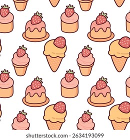 Cupcake and pastry seamless pattern with strawberries, whipped cream, and cute decorative cakes in soft pastel tones