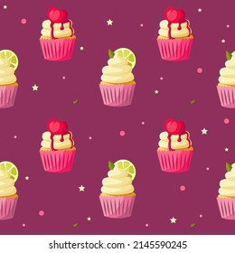 Patrón de tarta con cordero y limón sobre fondo morado. Ilustración de dibujos animados atractivos. Panadería, postre, productos dulces, cocina.