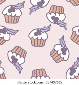 Cupcake pattern. Christmas greeting card template, Merry Christmas. Doodle.