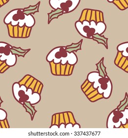 Cupcake pattern. Christmas greeting card template, Merry Christmas. Doodle.