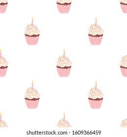 Cupcake pattern with confetti sprinkles and a candle. Cute hand drawn vector illustration cupcakes seamless background for birthday party, greeting cards, gift wrap.