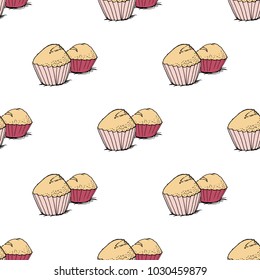Cupcake pattern in hand drawn style. For print, package, menu. Vector illustration