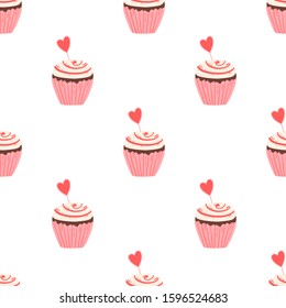 Cupcake pattern with jam decorated for Valentine's day. Cute hand drawn vector illustration cupcakes seamless background for birthday party, greeting cards, gift wrap.