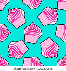 Cupcake pattern in pop art style. Vector illustration, clipart.