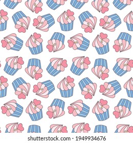 Cupcake pattern. The seamless background of creamy cupcakes decorated with hearts on a white background. Vector 10 EPS