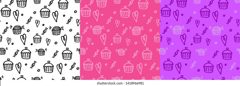 cupcake pattern, seamless, with hearts and sweets