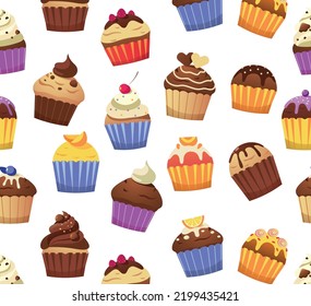 Cupcake pattern. Seamless print of various muffins sweet pastries decorated with icing toppings cream sprinkles. Vector bakery desserts texture. Various confectionary for wrapping paper