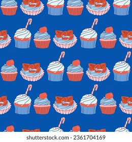 Cupcake pattern seamless pattern vector illustration. Cupcakes, muffin pattern seamless background, pattern for textile, fabric, wrapping paper, wallpaper, packaging. 