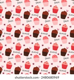 Cupcake pattern. Tender illustration for Valentines Day. Fruit and chocolate muffins. Pink background. Vector illustration