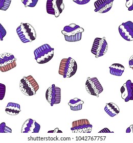 Cupcake pattern. Vector illustration. Nice birthday pattern on white, violet and black. Seamless of hand drawn vintage cute cupcakes and muffins.