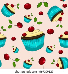 Cupcake pattern. Vector illustration, Tasty dessert pattern for backgrounds, postcards, invitations, wrapping paper and etc.