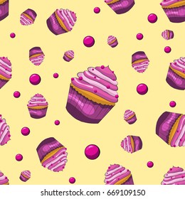 Cupcake pattern. Vector illustration, Tasty dessert pattern for backgrounds, postcards, invitations, wrapping paper and etc.