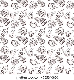 Cupcake, pie and burger vector hand drawn background. Seamless pattern