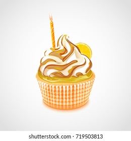 Cupcake with piece of lemon, mixed cream vanilla chocolate and jam and decorated by candle vector of dessert sweet muffin isolated on white