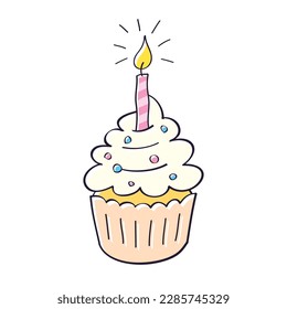 Cupcake with a pink candle isolated vector illustration, small birthday cake.