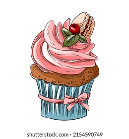 Cupcake with pink cream in a blue cup. Cupcake with a pink ribbon. A cake with a red berry. Print for culinary posters, clothes and postcards