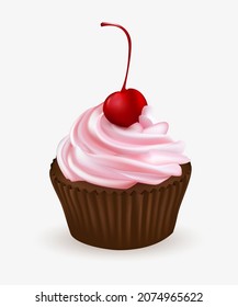 Cupcake with pink cream and cherries. Vector illustration. 3d realistic.