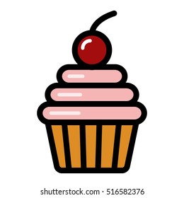 Cupcake with pink cream and cherry berry. Vector flat icon.