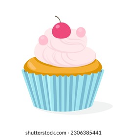 Cupcake with a pink cream and cherry. Modern flat vector illustration
