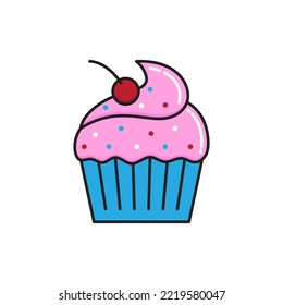 Cupcake with pink cream and a cherry on a white background. Vector illustration isolated on white background