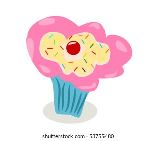 Cupcake with pink cream coat and colorful candies and cherry in blue cup illustration