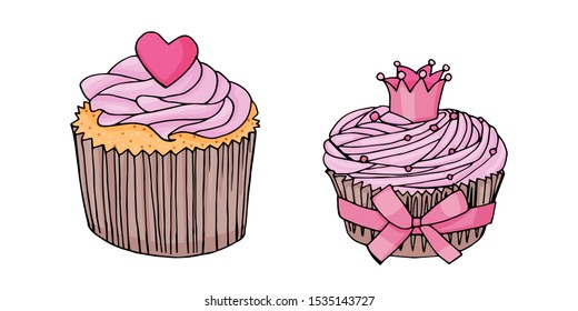 cupcake with pink cream and heart pink and cupcake with crown and pink bow on a white background