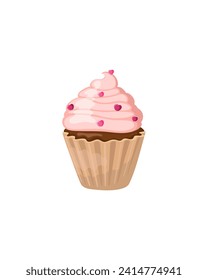 Cupcake with pink cream and hearts for Valentine's Day. Vector graphics.