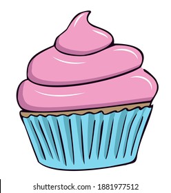 Cupcake with pink cream in individual blue packaging. Cupcake, muffin. Confectionery. Color isolated image with dark outline. 