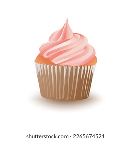 Cupcake with Pink Cream on a white Background. Vector Illustration