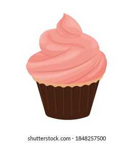 Cupcake with pink cream, tasty delicious dessert isolated on white background. Sweet food, celebration. Clipart, design element.